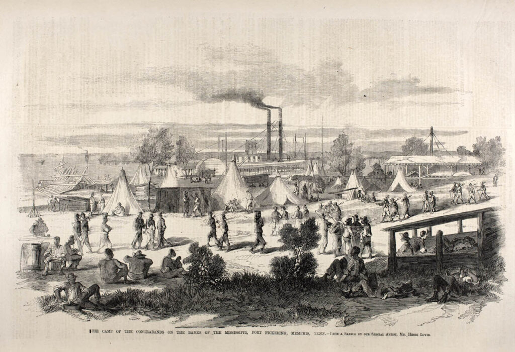 An illustration of a Contraband camp, including several shack like-structures and what appear to be tee-pee shaped tents. Enslaved African Americans who took freedom into their own hands and ran to Union lines congregated in what were called contraband camps, which existed alongside Union army camps. As is evident in the drawing, these were crude, disorganized, and dirty places. But they were still centers of freedom for those fleeing slavery. Contraband camp, Richmond, Va, 1865. The Camp of the Contrabands on the Banks of the Mississippi, Fort Pickering, Memphis, Tenn, 1862. Courtesy American Antiquarian Society.