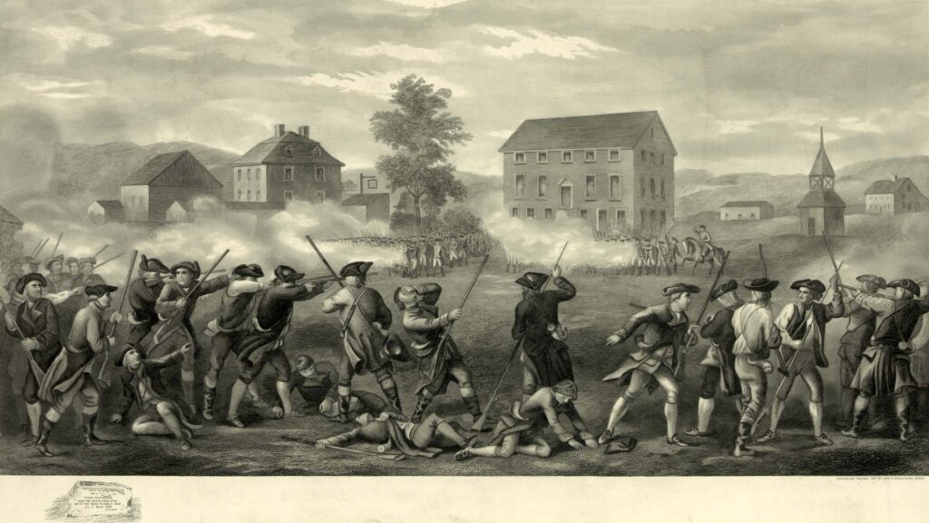 Twenty-three colonial soldiers line the foreground of the artwork, firing into a company of British soldiers in the background, who are volleying fire. Four colonial soldiers lay on the ground, wounded by musket bullets, while one other soldier is in the process of falling to the ground, holding his face, which has been shot. Behind the line of British soldiers stand a series of buildings, homes, and churches in the rolling hills of Lexington, Massachusetts.