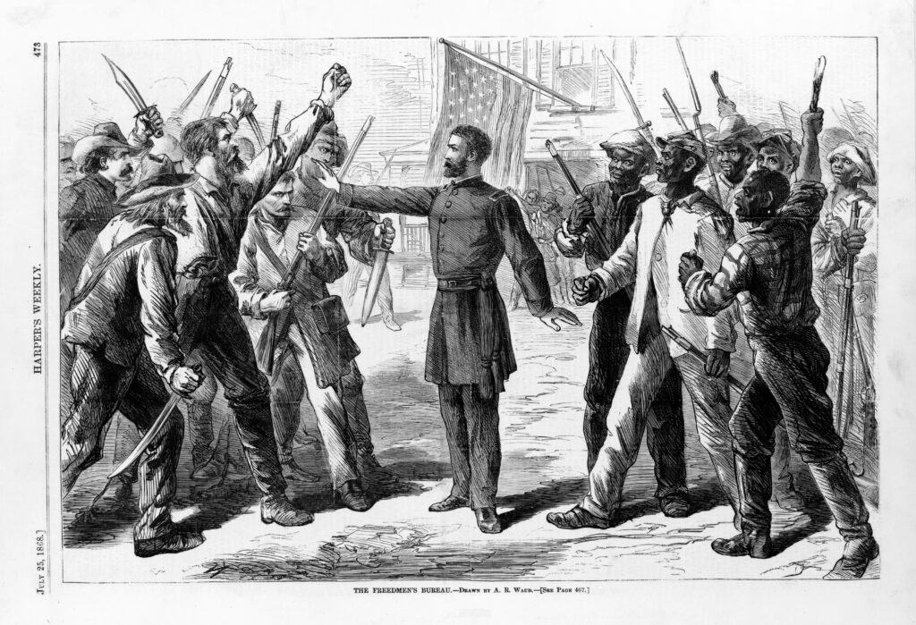 In this Harper’s Weekly print, The Freedmen’s Bureau official protecting the Black men and women from the angry and riotous mob of white Americans stood as a representation of the entire Bureau. Alfred R. Waud, The Freedmen’s Bureau, 1868. Library of Congress.