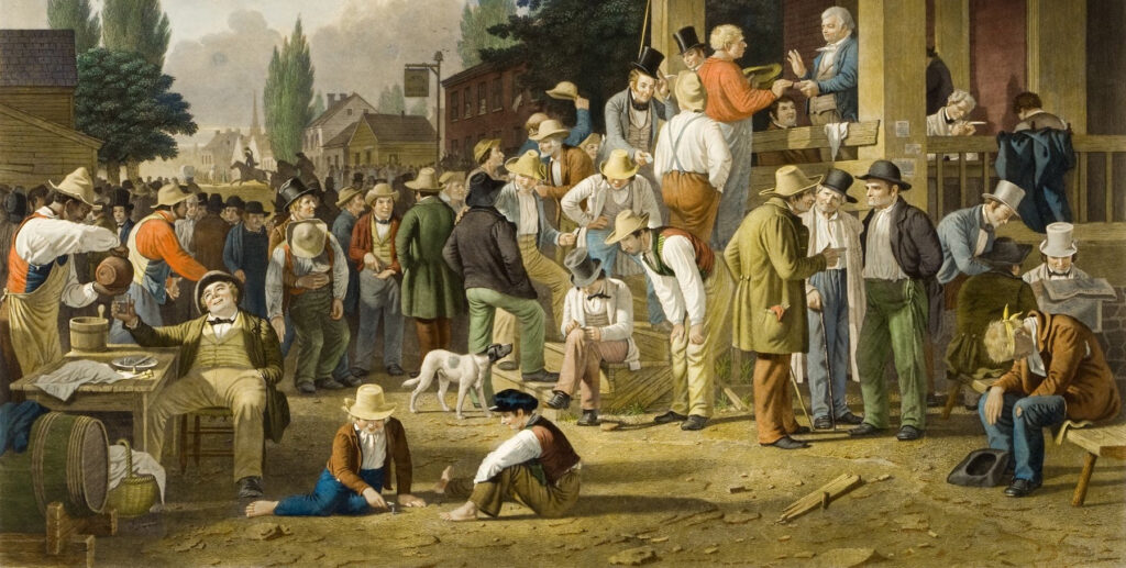 A large group of citizens gathers to place their votes in an election. Campaigning politicians anxiously press their party tickets toward individuals. One of the newest citizens, an Irish immigrant, is taking an oath that he had not voted elsewhere, just as one of the oldest, a Revolutionary War “76-er” veteran, is descending the steps. Merchants in top hats discuss the issues with laborers in shirtsleeves, an example of the rational exchange that sustains democracy. Other individuals present a less responsible and informed perspective. One drunken citizen, unable to stand, is nonetheless dragged to cast a vote. Another sits on a bench to steady his head, his clarity evidently lost in a brawl. Two boys on the ground play mumblety peg, a knife game that progressively increases in risk.