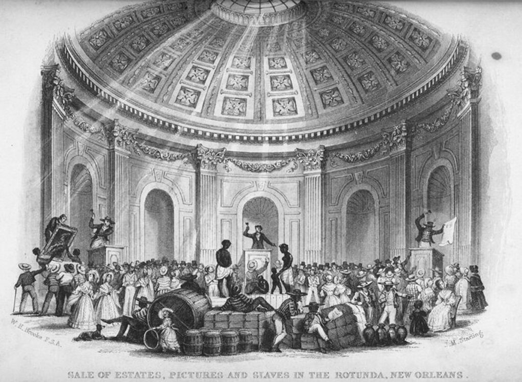 The scene for this artwork is the Rotunda of the St. Louis Hotel in New Orleans, and infamous site for the selling of enslaved laborers. The artwork depicts an estate sale. There are three auctioneer stands in the room surrounded by hundreds of formally dressed white men and women. The auctioneer on the left side of the artwork is auctioning off a framed portrait. The auctioneer on the right side of the artwork is auctioning off a written document. The auctioneer in the center of the artwork is auctioning off a group of enslaved laborers—a man, a woman, and two children. 