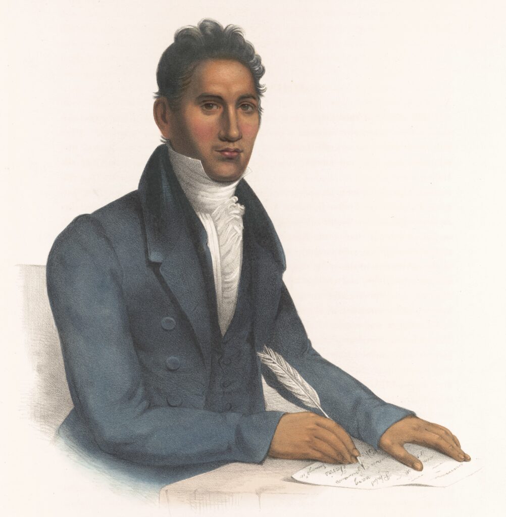 A portrait of John Ridge, the Cherokee signer of the Treaty of New Ochoa which contributed to the dispossession and forced removal of the Cherokee. He is in formal attire, holding and writing with a quill pen. 