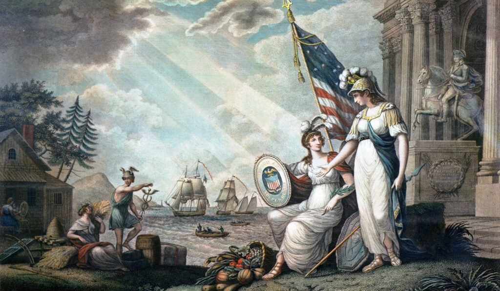 This painting depicts America as a woman in Grecian dress and feathered helmet. She is with Roman deities Minerva, Ceres, and Mercury to symbolize wisdom, commerce, and agriculture. To their right is a triumphal arch celebrating victories during the War of 1812 and an equestrian statue of George Washington. Directly above America’s head stands the United States’ flag. At America’s feet is cornucopia to symbolize prosperity. Behind Ceres and Mercury is a beehive to symbolize industry. On the far left of the painting a woman in early nineteenth century attire sits in front of an early American cottage doing spinning work which represents domestic work. A lake sits in the background of the painting filled with sailboats and rowboats.