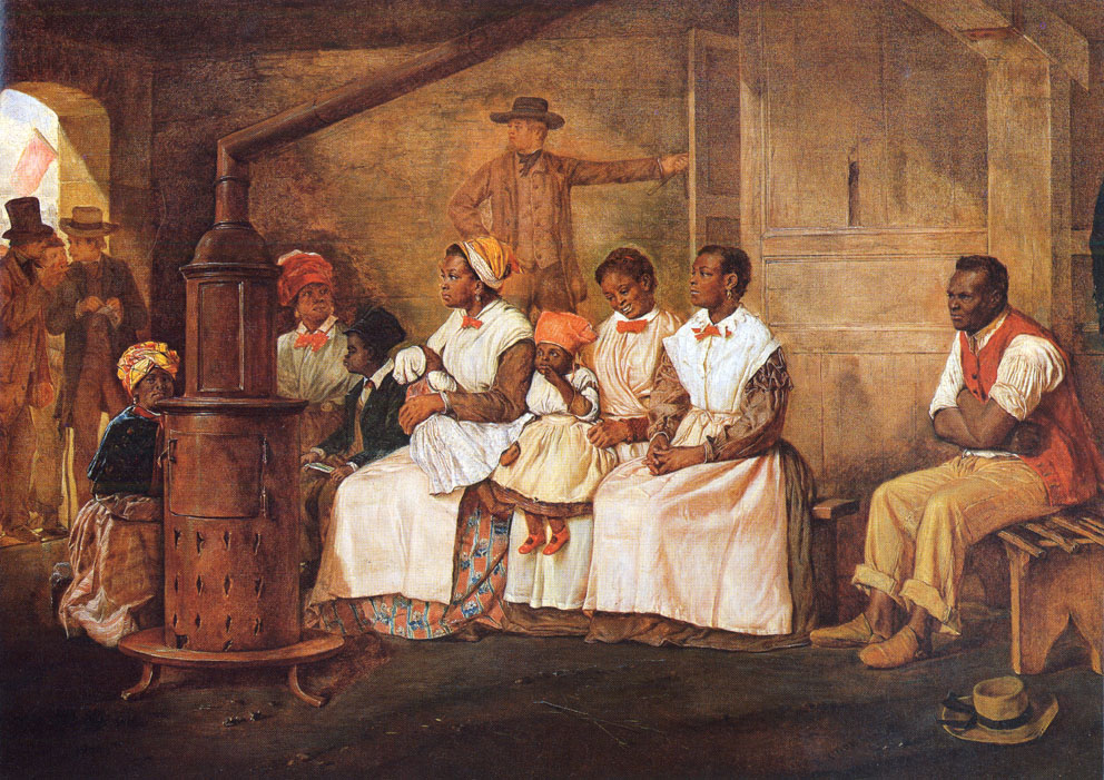 This artwork depicts a group of enslaved African Americans –women and children, and one adult male—in a room waiting to be sold. One white man stands in the background, presumably the seller, overlooking the enslaved laborers. At the door way of the room stand three white men looking like they are having a discussion, presumably buyers talking about purchasing enslaved laborers that are in the room. The enslaved African Americans are fully clothed.