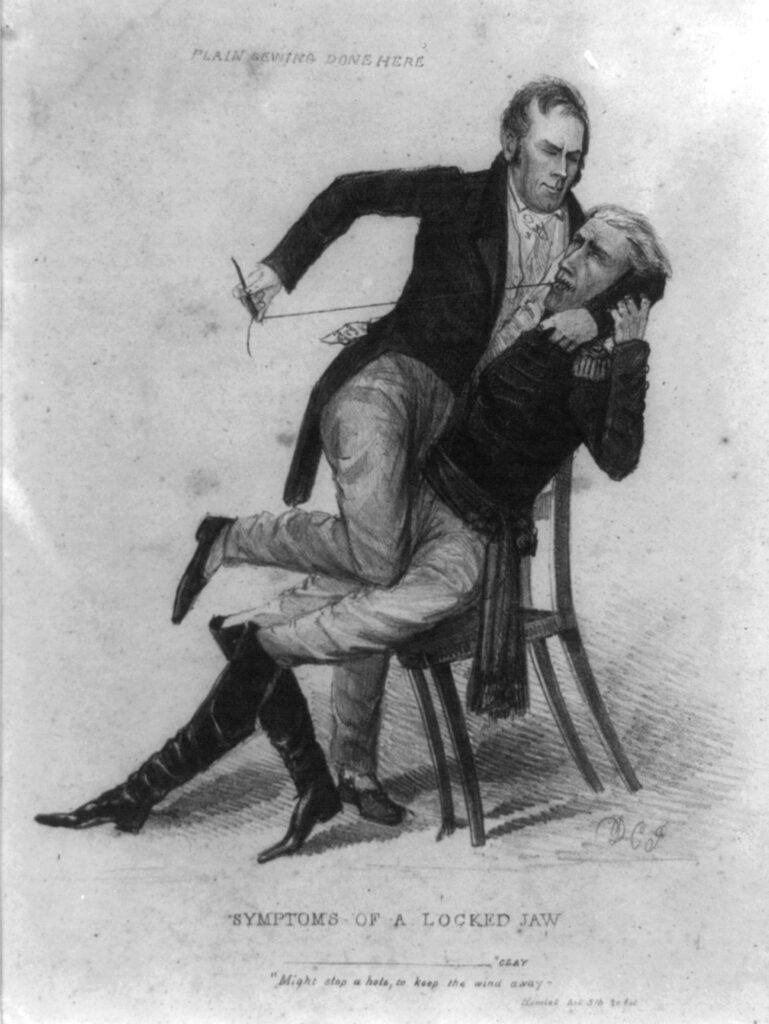 This political cartoon depicts Henry Clay restraining a seated, uniformed Andrew Jackson and sewing up his mouth shut. At the top of the artwork, above Clay’s head, there is text that reads, “plain sewing done here.” At the bottom of the artwork is the title of the piece—Symptoms of a Locked Jaw—and underneath that is a quote from Shakespeare’s Hamlet that reads, “Might stop a hole, or keep the wind away.”