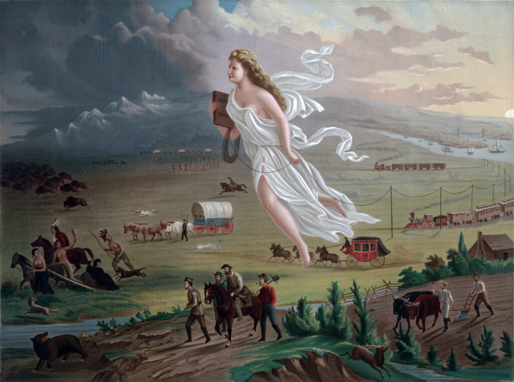 The painting depicts a landscape of North America in the 19th century. The right side of the picture portrays locations on the east coast, which are already settled by Europeans. There, New York City can be seen, along with various ships around the coast of Manhattan. Also illustrated is the Brooklyn Bridge. In the center  of the painting is Columbia. On her head is the Star of Empire. She lays a telegraph wire with one hand and carries a school book in the other. Joining Columbira on her journey to the American West are  settlers either on foot or by stagecoach, horseback, Conestoga wagon, wagon train, or riding steam trains. On the left side of the painting a herd of American Bison and group of indigenous people can be seen to be running. In the foreground a group of settlers, heading West, where a bear appears to growl at them, while behind them stands an already established farm with a person tilling the fields and another herding livestock.