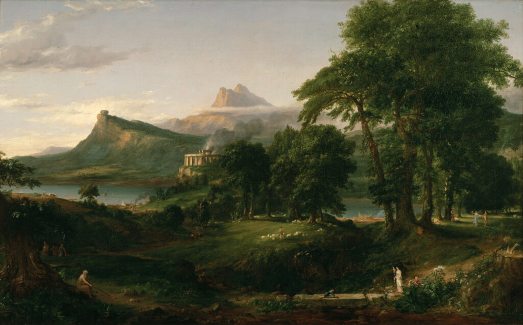This painting depicts cultivated land and agriculture, with plowed fields and lawns visible. Various activities go on in the background: plowing, boat building, herding sheep, dancing; in the foreground, an old man sketches into the dirt with a stick. On a bluff on the near side of the river, a megalithic temple has been built, and smoke arises from it. Below the temple, an emerging village is taking shape along the riverbed. In the far background on the left side of the painting a crag overlooks the river, with a mountain behind it.