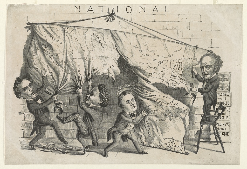 This political cartoon depicts the four candidates in the 1860 presidential election tearing apart a map of the United States. The word NATIONAL is written in all-caps above the map. Dividing the National Map. Available from the Library of Congress.