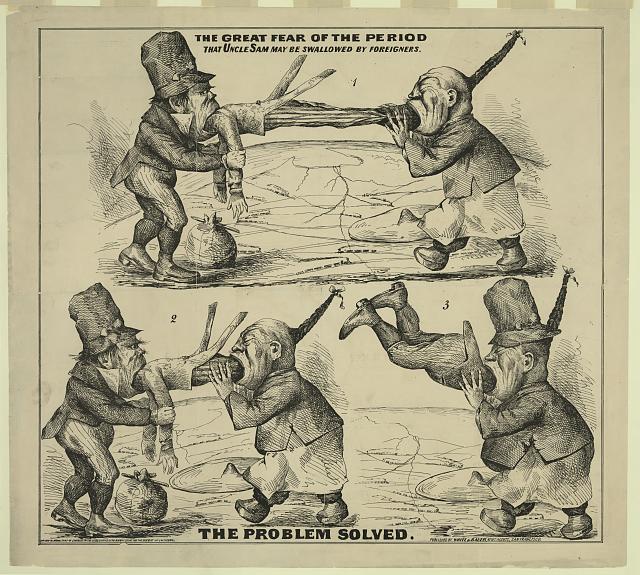 This cartoon depicts a highly racialized image of a Chinese immigrant and Irish immigrant “swallowing” the United States–in the form of Uncle Sam. Networks of railroads and the promise of American expansion can be seen in the background. “The great fear of the period that Uncle Sam may be swallowed by foreigners: The problem solved,” 1860-1869. Library of Congress.
