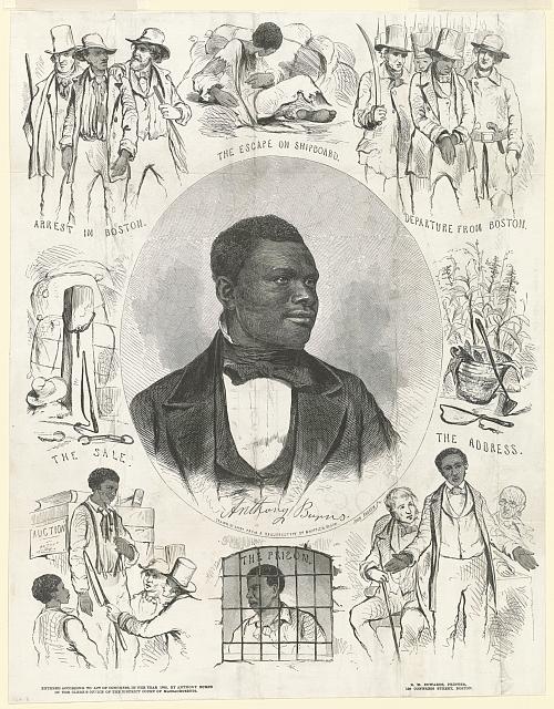 Anthony Burns, the fugitive slave, appears in a portrait at the center of this 1855 print. The central portrait includes smaller illustration of scenes from his life, including his arrest. Burns’ arrest and trial, possible because of the 1850 Fugitive Slave Act, became a rallying cry. As a symbol of the injustice of the slave system, Burns’ treatment spurred riots and protests by abolitionists and citizens of Boston in the spring of 1854. John Andrews (engraver), “Anthony Burns,” c. 1855. Library of Congress.