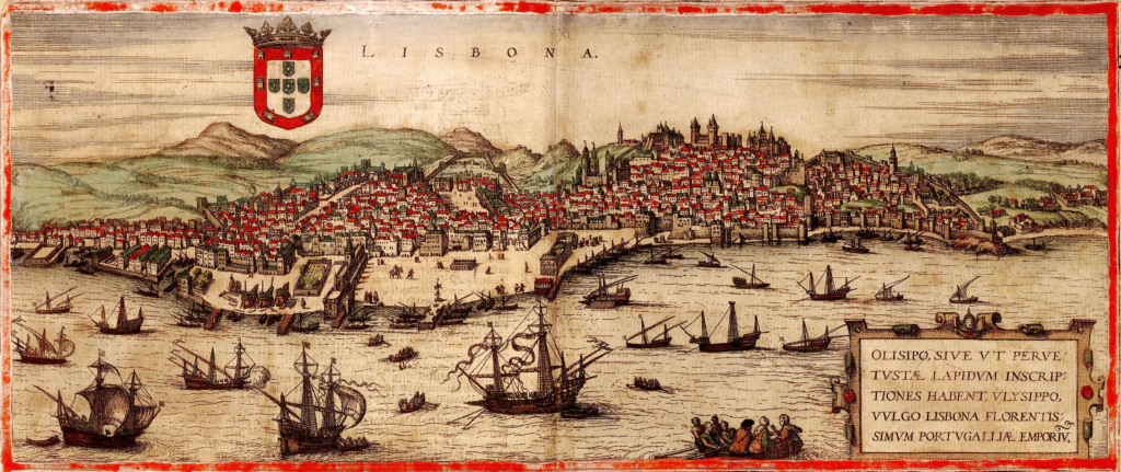 An engraving of sixteenth-century Lisbon from Civitatis Orbis Terrarum, “The Cities of the World,” ed. Georg Braun. In the background are rolling hills. The center of the piece is covered with red-roofed homes and in the foreground the dock and water full of ships and fishing boats.