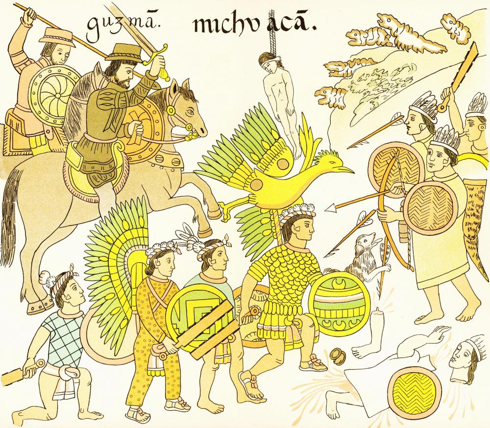 This sixteenth-century drawing depicts the Spanish on horses brandishing swords  and their Tlaxcalan allies on foot fighting against the Purépecha. Some of the Tlaxcalan wear costumes with large feathers while the Perepecha wear circular headdresses and small white feathers and carry bows, arrows and shields. Violence is evident in the dismembered person in the foreground and another person hanging in the background. 