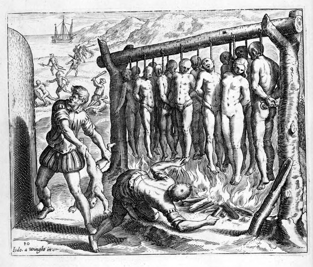 Illustration of Spanish conquistadors’ atrocities in the conquest of Hispaniola by Flemish artist Theodor de Bry. One soldier prepares to hurl a child against a wall while ten to fifteen others are hung  above flames. In the background soldiers chase and beat other indigenous people. In the background, a ship is moored.
