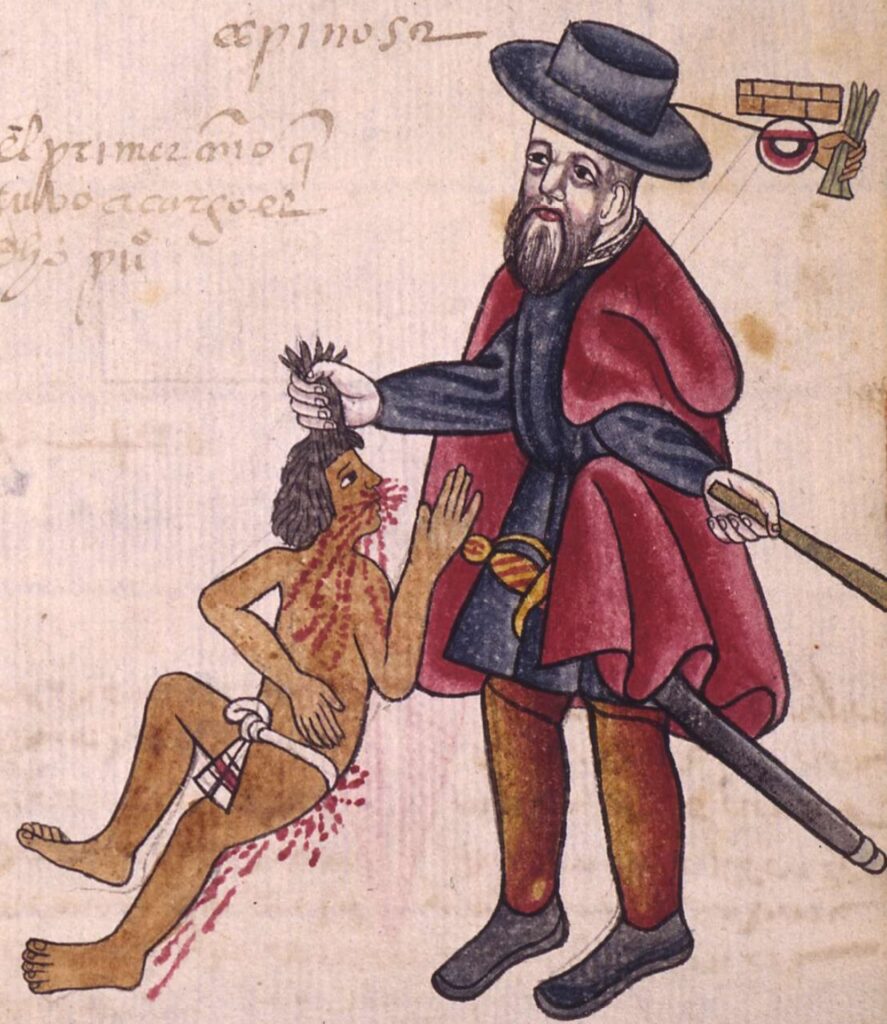In this startling image from the Kingsborough Codex (a book written and drawn by native Mesoamericans), a well-dressed Spaniard is shown pulling the hair of a bleeding, severely injured indigenous person. The drawing was part of a complaint about Spanish abuses of their encomiendas. 