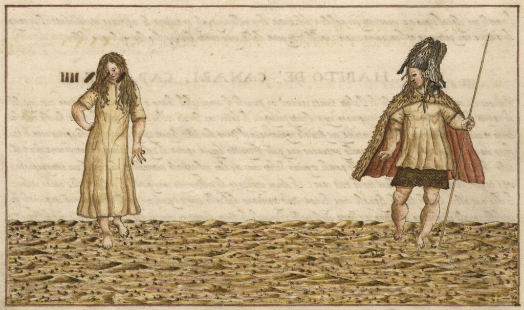 Illustration of Indigenous inhabitants of the Canary Islands referred to as Guanches. The young woman is wearing a simple short shift to her knees and the man is wearing a mid-thigh length skirt, a smock and fur robe. He carries a fishing spear. Both inhabitants are standing on a beach.  “Canarios” by Leonardo Torriani, 1590. 