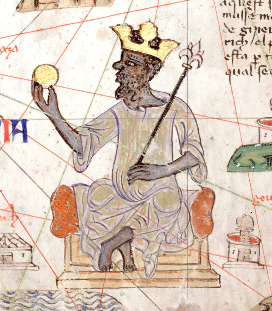 Pen illustration of Mansa Musa, the ninth ruler of Mali during the kingdom’s height in the 14th century. Referred to as the Black Lord, Mansa is shown atop his cream colored marble throne with plush orange cushions holding a gold coin. In the image, longitude and latitude lines are visible revealing that this was penned on an atlas.