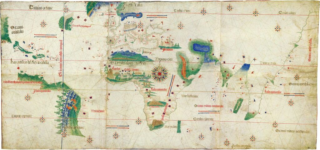 A fifteenth-century Portuguese map known as the Cantino Map clearly highlights Europe and North Africa and clearly celebrates some nations by showing castles rising up from the page. While only fragments are shown of the Americas or Asia, Caribbean Islands are visible and presumed based upon Columbus’ voyages. It is the earliest known map of European exploration in the New World to depict the holdings and greatness of his native Portugal. Cantino planisphere (1502), Biblioteca Estense, Modena, Italy. Wikimedia.