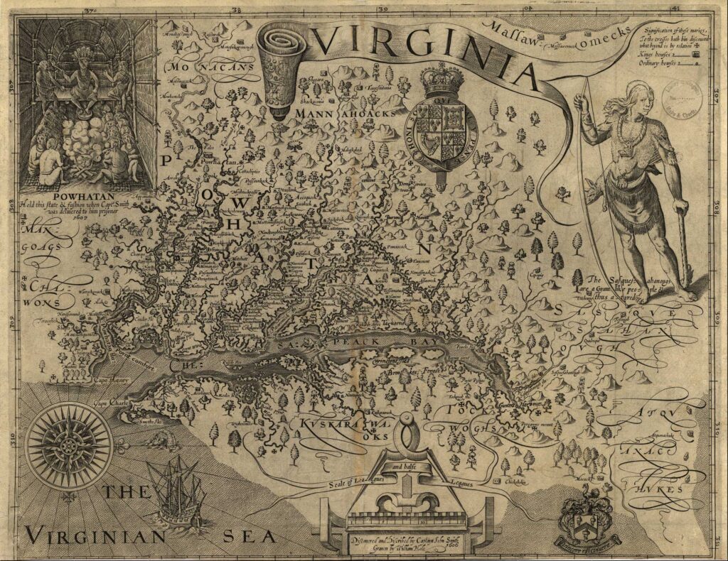 A historic map titled "Virginia," created in 1606 by Captain John Smith. The map is densely illustrated with rivers, forests, settlements, and Native American villages labeled with indigenous names. The top right features a large figure of a Native American man holding a bow. In the top left corner, there's an inset illustration labeled "POWHATAN" depicting Chief Powhatan seated on a throne inside a longhouse, with subjects kneeling before him. The coat of arms of King James I appears near the top center. The lower left includes a compass rose and a sailing ship in "The Virginian Sea" (Atlantic Ocean). Decorative elements and early cartographic details embellish the map. 