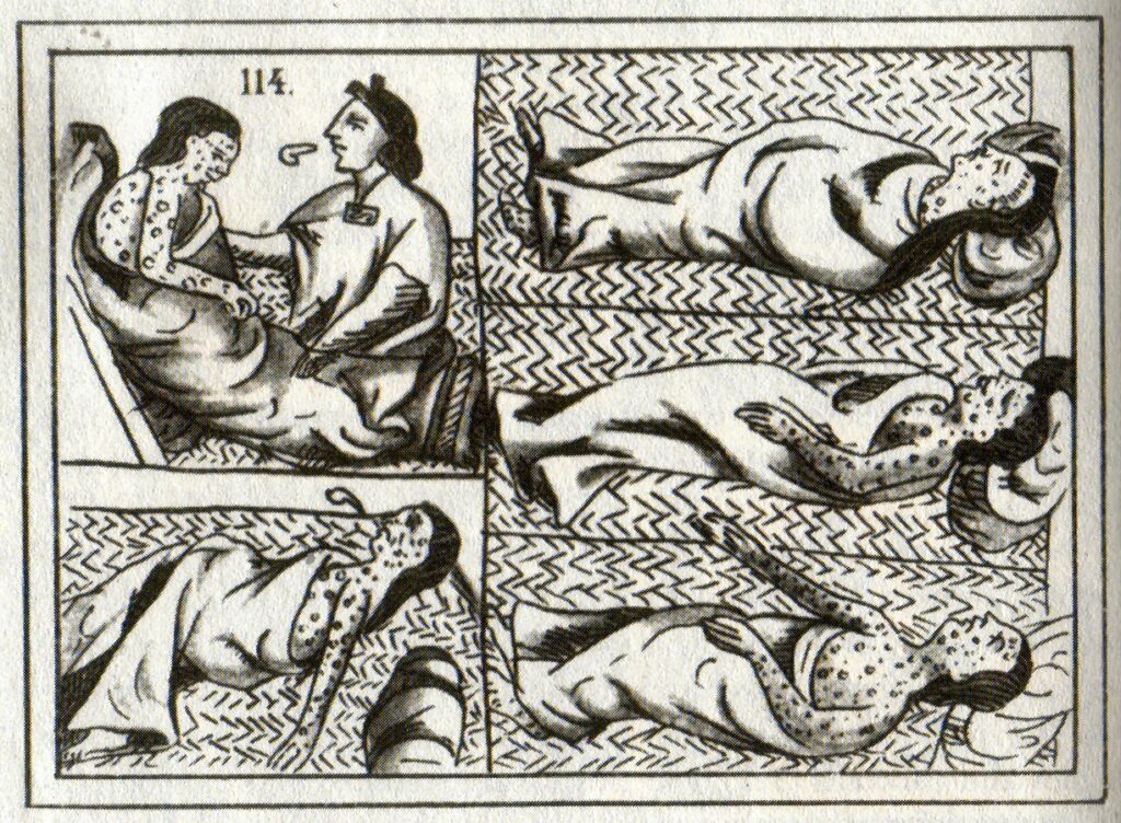 Black-and-white illustration divided into panels, depicting Indigenous people suffering from smallpox. Several figures lie on mats, covered in pustules, while one seated figure consoles another who is ill.