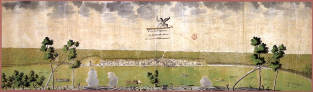 Historical painting depicting a panoramic view of New Orleans in the early 18th century, titled "Veue et Perspective de la Nouvelle Orleans" (View and Perspective of New Orleans). The scene is viewed from across the Mississippi River, with the settlement situated along the opposite bank. Small buildings and a church are visible in the center of the town, surrounded by a grid of streets. The foreground shows cannons firing smoke, soldiers, and trees framing the scene. Above the town, a cherub holds a title banner in the cloudy sky. The river is labeled "Fleuve de Mississipi ou Missoury."