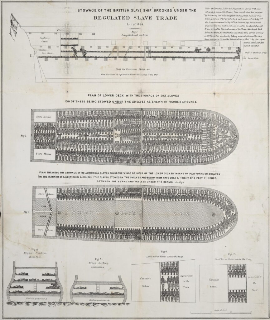 Slave ships transported 11–12 million Africans to destinations in North and South America, but it was not until the end of the 18th century that any regulation was introduced. The Brookes print dates to after the Regulated Slave Trade Act of 1788, but still shows enslaved Africans chained in rows using iron leg shackles. The slave ship Brookes was allowed to carry up to 454 enslaved people, allotting 6 feet (1.8 m) by 1 foot 4 inches (0.41 m) to each man; 5 feet 10 inches (1.78 m) by 1 foot 4 inches (0.41 m) to each woman, and 5 feet (1.5 m) by 1 foot 2 inches (0.36 m) to each child, but one slave trader alleged that before 1788, the ship carried as many as 609 enslaved Africans. 