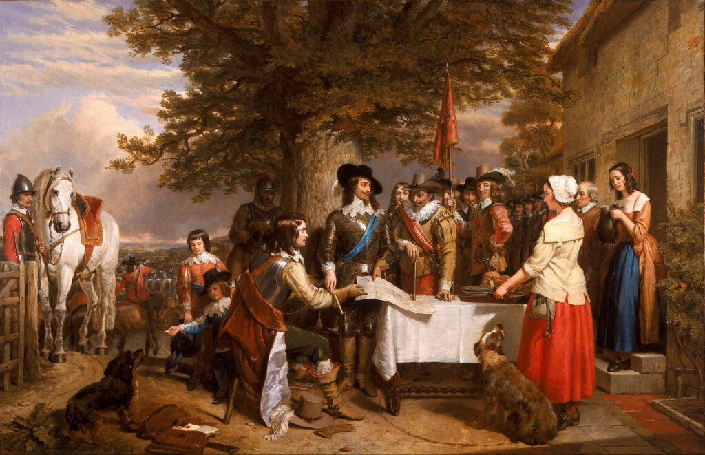King Charles I, pictured wearing the blue sash of the Order of the Garter, listens to his commanders discuss strategy for the first battle of the First English Civil War. Since all previous compromises between the king had failed, both sides raised large armies. The Battle of Edgehill ended indecisively, leading to four years of war. It was also part of a series of wars (the English Civil War) that established the Commonwealth of England in 1649. Charles Landseer, The Eve of the Battle of Edge Hill, 1642, 1845. 