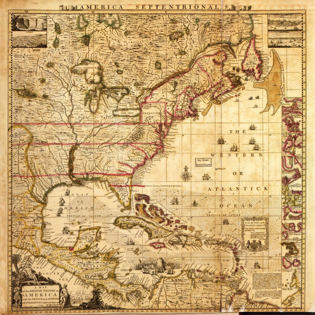 This historical map shows the British Empire in America along with French and Spanish settlements. The map depicts the eastern portion of North America, including the Atlantic coastline from Canada down through the Caribbean islands, the Gulf of Mexico, and parts of Central America. Henry Popple, 1733. Library of Congress.