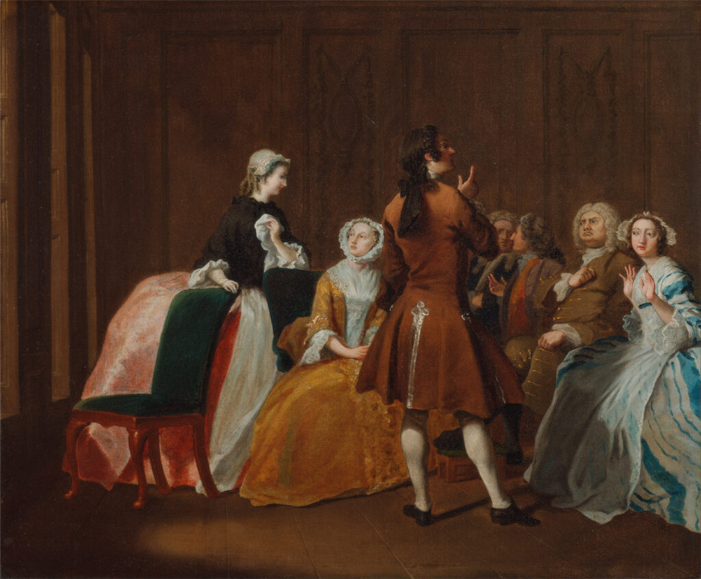 Painting of the Harlowe Family based on Samuel Richardson’s “Clarissa.” Artist Joseph Highmore, 1745–1747. An 18th-century interior scene showing elegantly dressed figures in a formal room. A woman in black sits by a bed while a man in orange coat gestures dramatically, with other observers present.